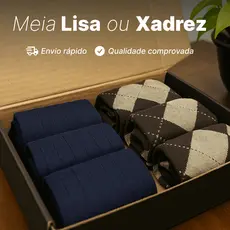 Kit 6 Meias Sociais Masculinas – Lisa, Escocesa/xadrez ou Mista, Elegantes, Confortáveis, em Algodão