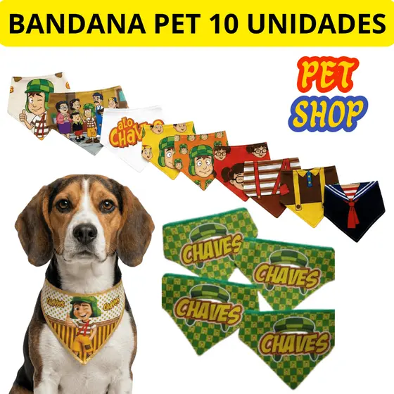 Kit 10 Bandanas Pet Shop Chaves Banho e Tosa Pet Pequeno Cães Gatos Cachorros Estampa Divertida