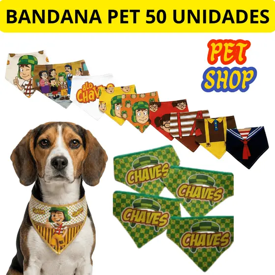 Kit 50 Bandanas Pet Shop Chaves Banho e Tosa Porte Pequeno Cães Gatos Cachorros Estampa Divertida Atacado