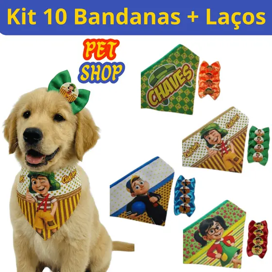Kit 10 Bandanas + 10 Laços Chaves Chiquinha Acessório Pet Shop Banho e Tosa Atacado Ajustável