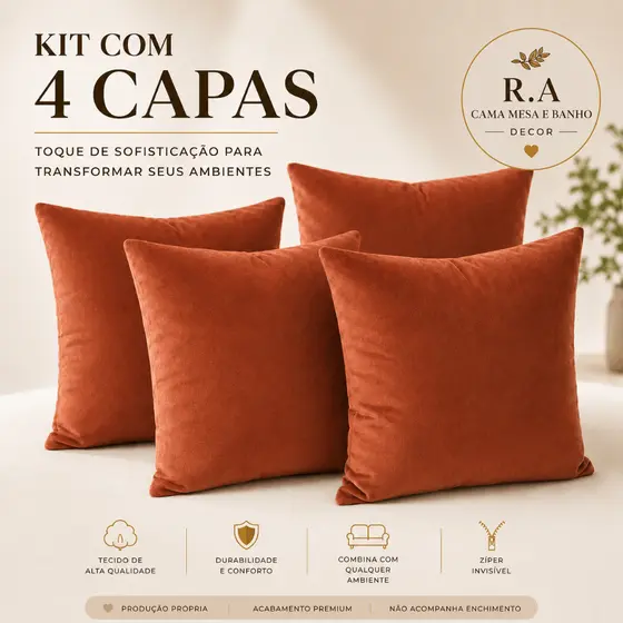 Kit 2 e 4 Capas de Almofada Luxo Suede Premium Tamanho 45x45 Com Zíper Invisível Ótimo Acabamento