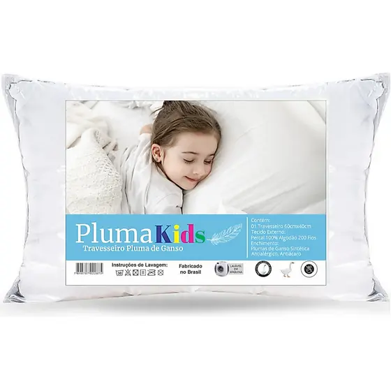 Travesseiro Infantil PlumaKids Antialérgico Inodoro Tecido 100% Algodão 200 Fios 40x60cm 2 a 10 Anos