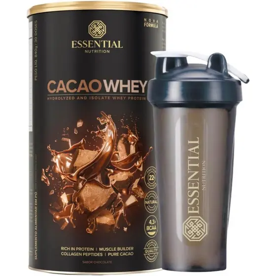 Whey Protein Cacao Essential Nutrition 900g 30 Doses + Shaker Exclusivo Isolado e Hidrolisado Alto em Proteína