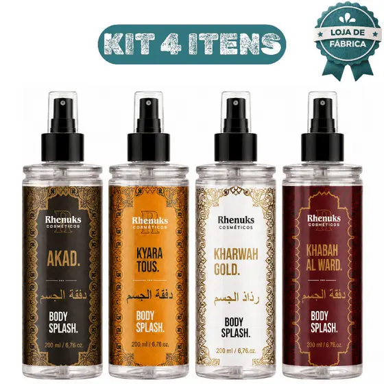 Kit 04 Body Splash Árabe 200ml Feminino Perfume Corporal Alta Fixação Dia Noite Colônia, Frescor, Leveza, Sensualidade