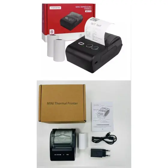 DOIS MODELOS DE MINI IMPRESSORA TERMICA PORTATIL BLUETOOTH MINI THERMAL PRINTER E TOMATE 58MM MTI-773