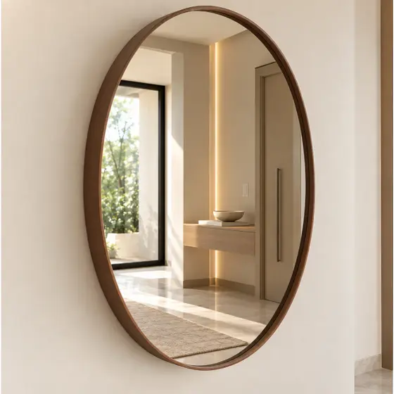 Espelho Redondo com Couro 30cm 40cm 50cm 60cm Decorativo para Sala Quarto Banheiro