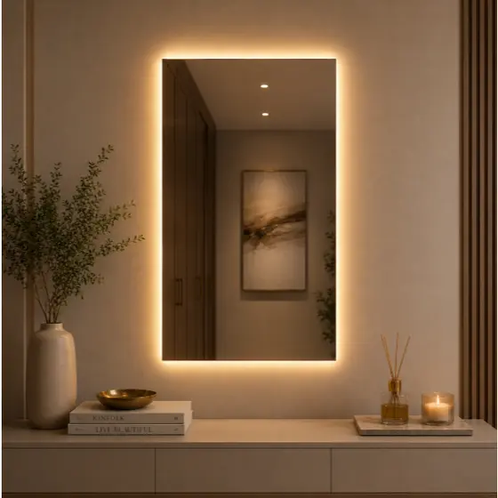 Espelho Decorativo Com Led Quente e Frio Retangular 80X50cm Para Banheiro Sala Quarto Penteadeira
