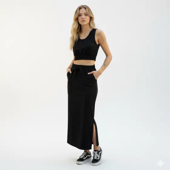 Conjunto Saia Midi e Cropped Com Elastico Dia a Dia Verão