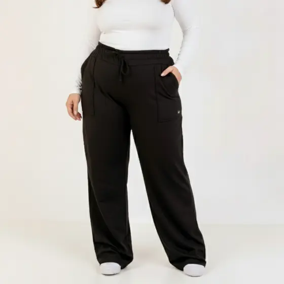 Calça Moletom Plus Size Moderno Wide Leg Conforto Dia a Dia