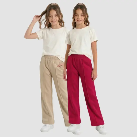 Kit 2 Calça Wide Leg Moletom Peluciado Feminina Juvenil Com Nervura