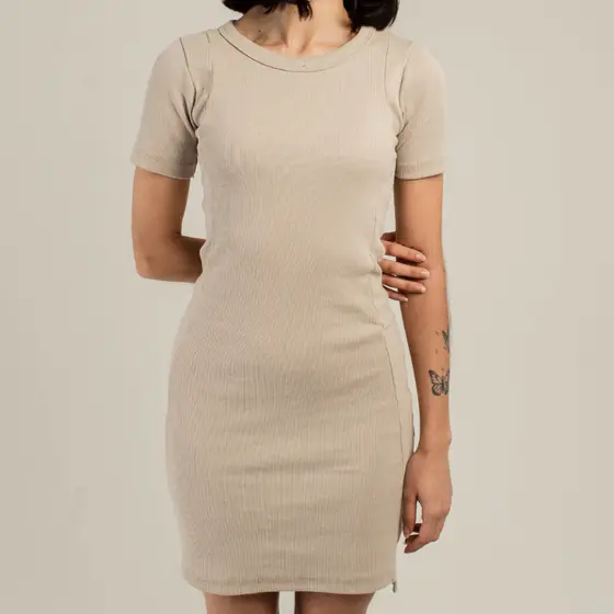 Vestido Ribana Feminino Com Gola Redonda Verão