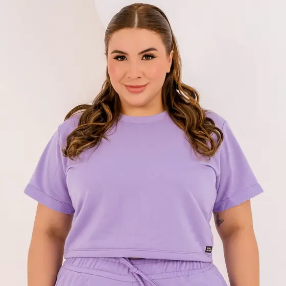 Cropped Feminino Plus Size Blusa em Moletinho Verão Manga Curta Dona Onda