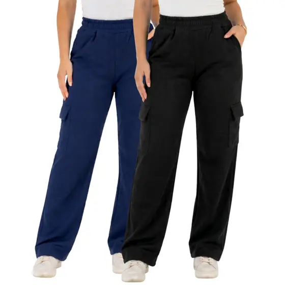 Kit 2 Calça Wide Leg Cargo Moletom Peluciado Feminina Com Bolso Dia a Dia