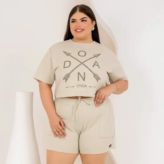 Conjunto Plus Size Estampado Cropped e Shorts com Elástico Confortável Dia a Dia