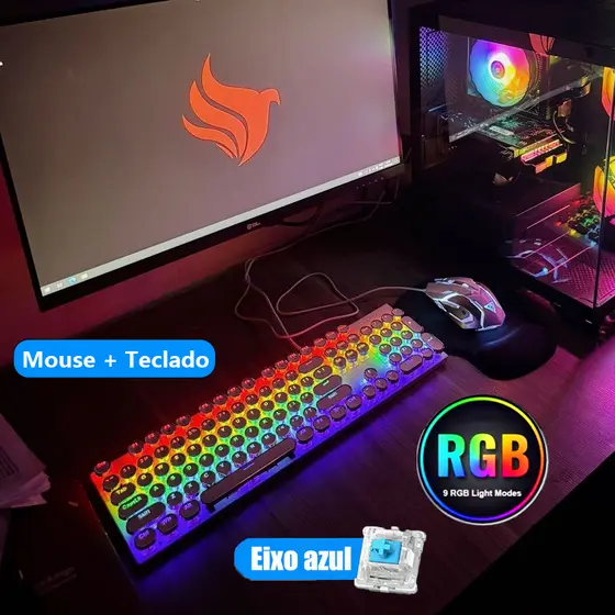 KIT Teclado 100% mecânico Punk Esports RBG+ mouse para jogos Um item obrigatório para os jogadores ABNT 2 -H7