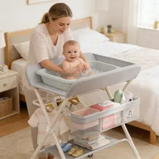 Trocador de Fraldas Portátil Dobrável com Rodinhas, Mesa Banho Bebê , Ideal para Troca e Cuidados do Recém-Nascido -P17