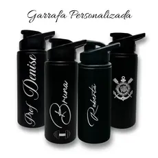 Garrafa Squeeze Personalizada de Alumínio Preta 600ml Academia Nome Logo Brasão I Gravação a Laser