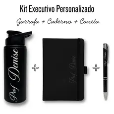 Kit Presente Caderno + Caneta + Garrafa Personalizado para Empresas, Formaturas e Datas Especiais Logo/Nome/Brasão
