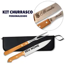 Kit Churrasco Personalizado com Faca + Garfo + Estojo Gravado Laser Nome Logo Time Presente