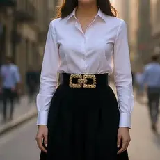 Cinto Elástico Preto com Fivela Dourada Texturizada Vintage