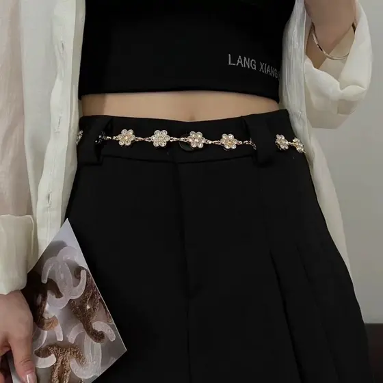 Nova corrente de cintura de metal com strass e flores na moda