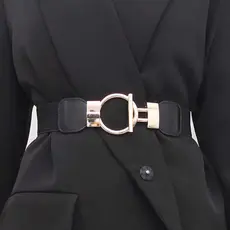 Cinto Feminino Elástico Preto com Fivela Dourada Geométrica Elegante para Vestido Blazer Look Social