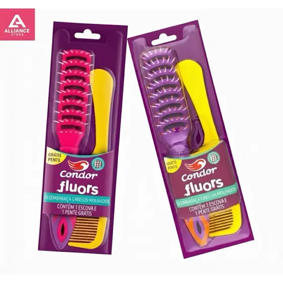 Escova de Cabelo Condor Fluors com Pente Grátis - Desembaraça Cabelos Molhados- Escolha 1 ou 2 unidades
