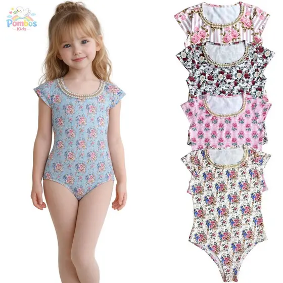 Collant Feminino LuxoTamanho de 1 a 10 anos Body Infantil Bordado com Pérola e Strass Envio Imediato
