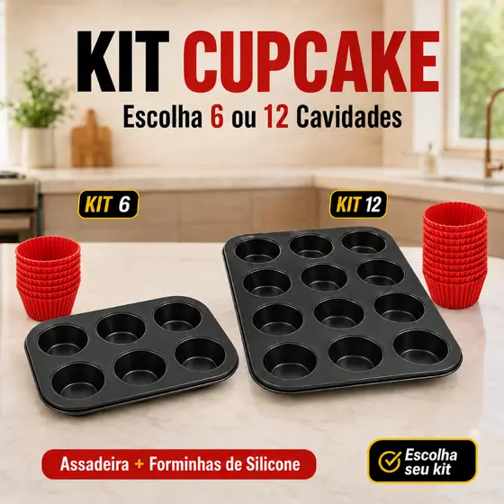 Kit Assadeira para Cupcake 6 ou 12 Cavidades Antiaderente com ou sem Forminhas Silicone Muffin Empada Pão de Queijo