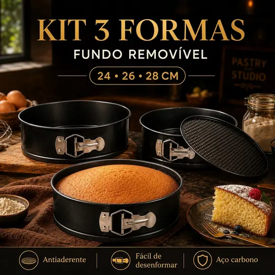 Formas de Bolo Redondas 24/26/28cm Fundo Removível Antiaderente Kit 3 ou Individual para Bolos e Tortas