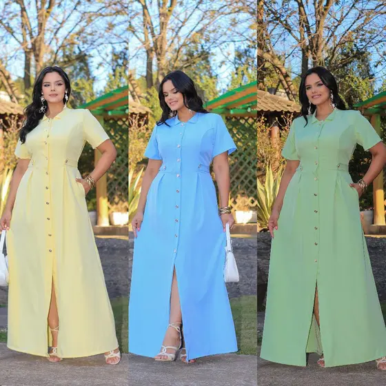 VESTIDO  FEMININO LONGO EVANGELICA CASUAL ELEGANTE  COM BOTÕES MODA VERÃO