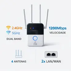 Repetidor de Sinal WiFi AC1200 Dual Band 2.4GHz e 5GHz 4 Antenas Amplificador de Internet com Porta Ethernet