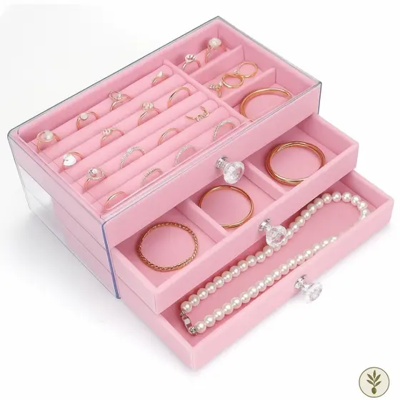 Porta Joia Acrílico Luxo 3 Camadas Brinco Anel Compartimento Rosa