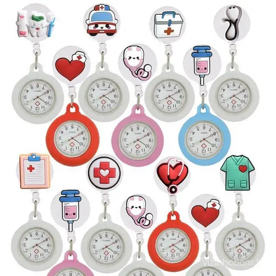 Relógio Bolso Retrátil Médico - Coração Estetoscópio Enfermeira - Porta-crachá com Clipe Pendurar