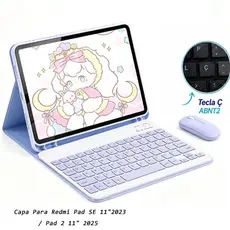 Capa Para Redmi Pad SE 11" 2023 / Redmi Pad 2 11" 2025 Com Teclado Magnético ABNT2 Bluetooth (Com "Ç") e Mouse Sem Fio