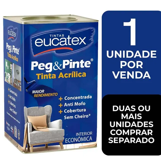 Tinta para Parede Peg e Pinte Acrílica Eucatex 18 Litros, Anti Mofo, Sem Cheiro, Interna