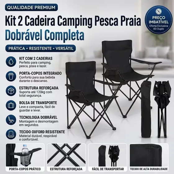 PAR DE 2x CADEIRAS CAMPING PESCA PRAIA DOBRÁVEL + PORTA COPO + BOLSA DE TRANSPORTE