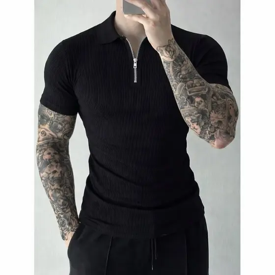 Camisa Polo Italiana Masculina Canelada Premium Slim Manga Curta com Zíper Casual Elegante