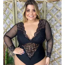 Body plus size luxo manga longa tule renda manga longa com bojo preto festa tule