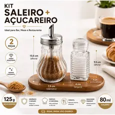 Kit Açucareiro de Vidro Porta Açúcar  + Saleiro Paliteiro 80ml Aço Inoxidável Restaurante Bar Mesa