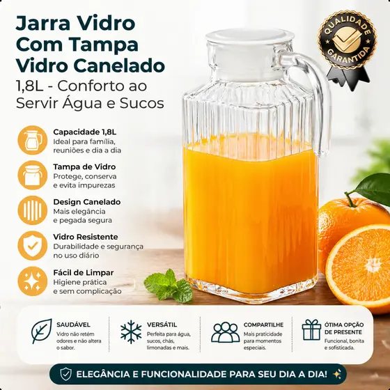 Jarra Vidro 1,8l Lapidada 26x14cm Cristal Com Tampa Canelada Jarra Água e Sucos Porta de Geladeira