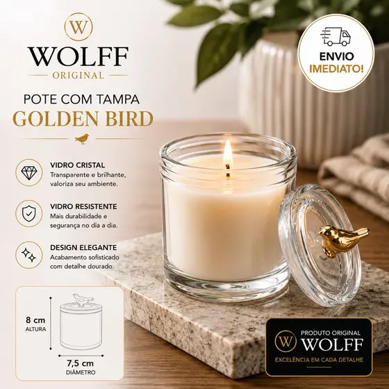 Pote de Vidro Passaro Tampa em Vidro Cristal Golden Bird Wolff - Multiuso Mesa Posta Decoração
