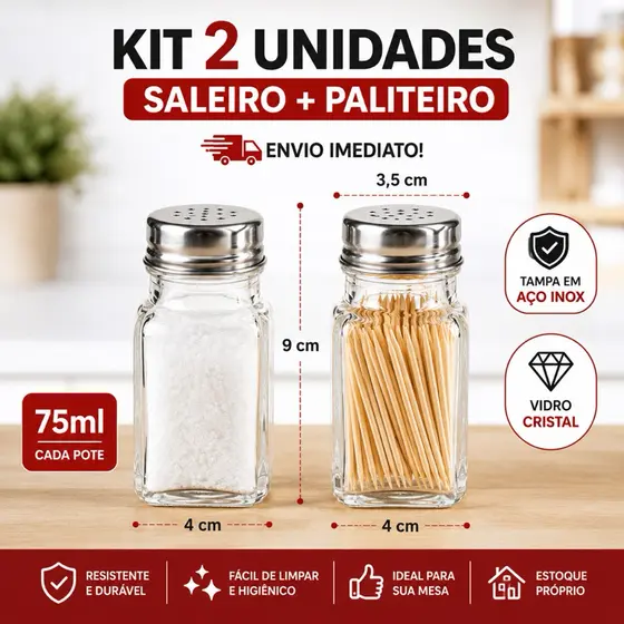 Kit Saleiro e Paliteiro Vidro 70ml com Tampa Inox – Essenciais Bar Restaurante Mesa Para Uso Diário