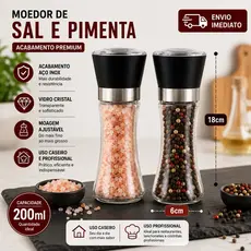 Moedor de Sal e Pimenta 1 Und Moe Temperos Mesa Bar Cozinha Inox e Vidro 200ml Resistente
