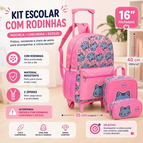 Kit Mochila De Carrinho Grande 45x35 Escolar Rodinha  Infantil Com Lancheira Estojo Personagens