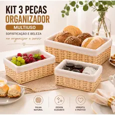 Cesto de Palha para Pao Organizador Multiuso Banheiro Lavabo Decorativo Kit 2/3 Cesto Redondo Palha