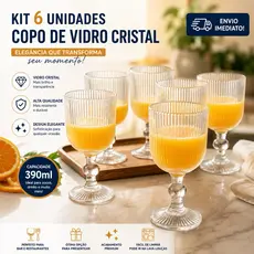 Conjunto Kit 6 Taças de Vidro Cristal 390ml Clear Versalhes – Taça Água, Suco e Bebidas | Elegante