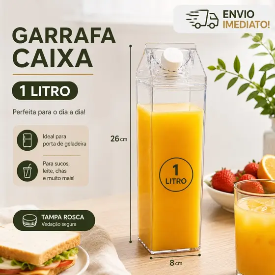 Garrafa Acrílica para Leite Suco Água 1L/500ml com Tampa de Rosca Porta de Geladeira Resistente