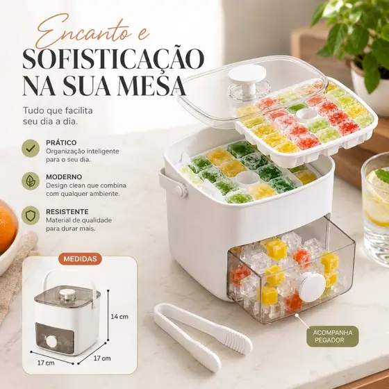 Caixa Dispenser Forma de Gelo 17x14 com Pegador Gaveta Coletora  48 Cubos e Tampa Resistente