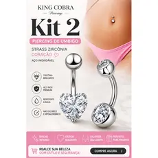 Kit 2 Piercing de umbigo com strass pedra zircônia coração aço inoxidável